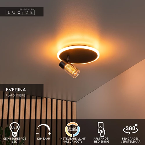 Lucide EVERINA - Plafonnière - Ø 23 cm - LED Dimb. - CCT - 2200K/6500K - Zwart | Essential - USP